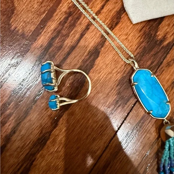 Kendra Scott Turquoise Blue Druzy Tassel Necklace & ring set - Picture 5 of 6
